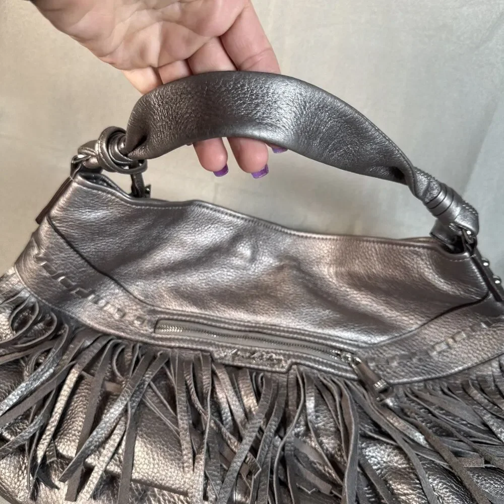 Aimee Kestenberg Fringed Silver Leather Boho Hobo Shoulder Bag Large Y2K